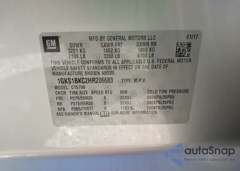 2017 GMC Yukon Slt z USA, uszkodzony, nr VIN 1GKS1BKC2HR206683